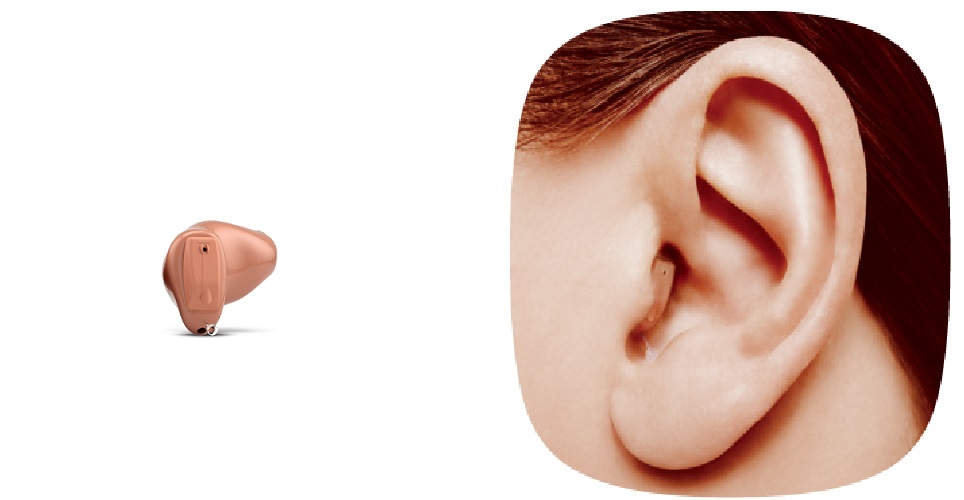 ワイデックスの一番小さい耳あな型補聴器（CICサイズ）と装用した様子