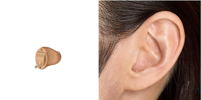 IICサイズの耳あな型補聴器と装用画像