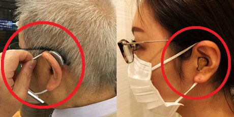 (左)耳かけ型はマスクの紐に引っかかる、(右)耳あな型はマスクとメガネに干渉しません