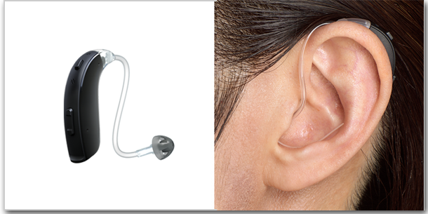 耳かけ型補聴器細チューブタイプと装用画像