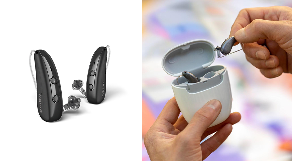耳かけ型補聴器「Pure 5AX」持ち運びできるポータブル充電器があります。